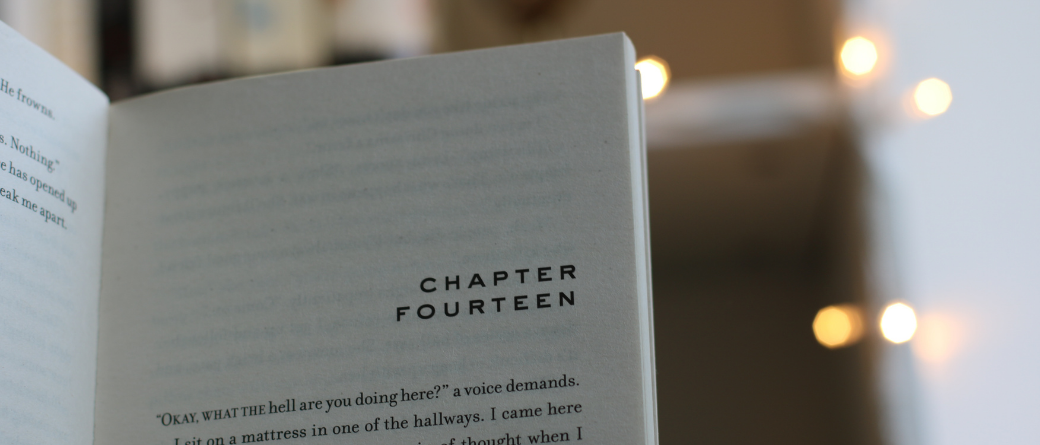 A book open to chapter fourteen, with fairy lights in the background