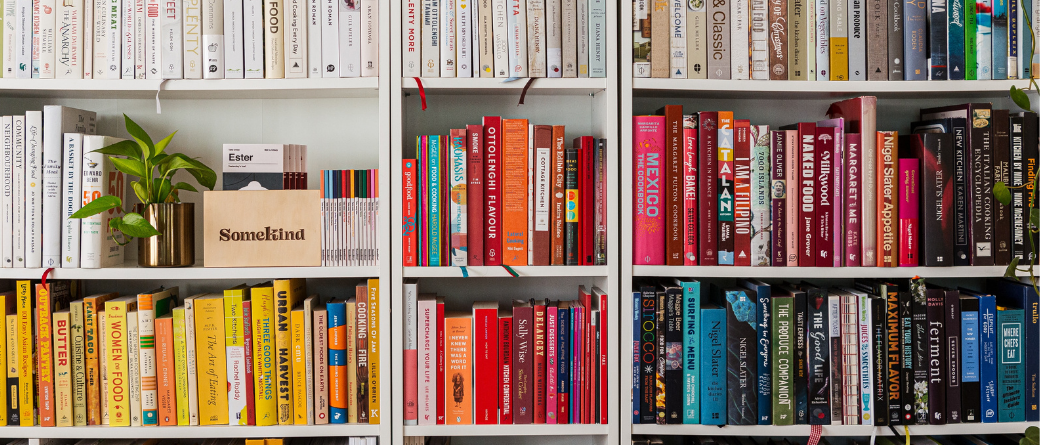 Image of a colourful bookshelf, organised by colour. A green plant is on the left side.